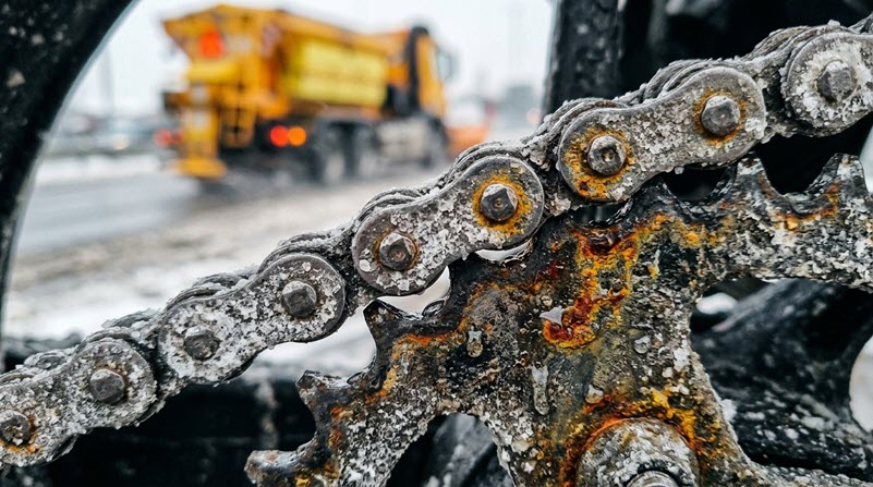 Streusalz und Rost auf Motorradkette und Kettenrad