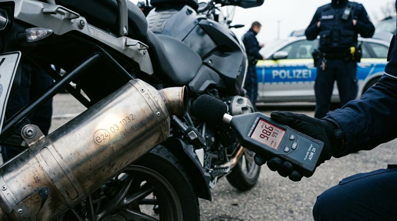 Motorradauspuff bei einer KI-Verkehrskontrolle