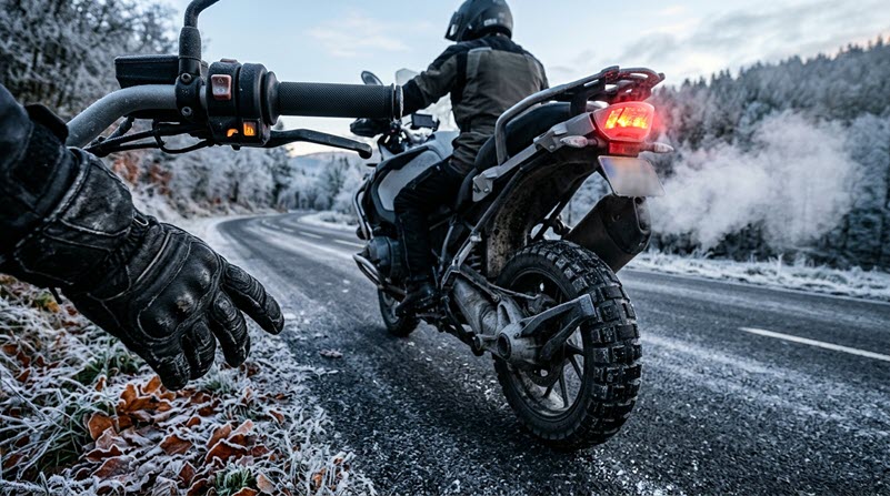 Winterpause, zwei Motorräder fahren im Winter.