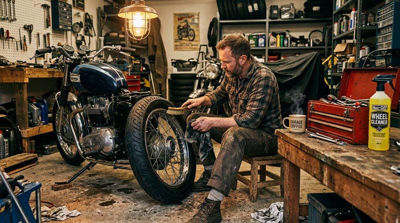 Winterpause, ein Motorradfahrer bastelt in warmer Werkstatt