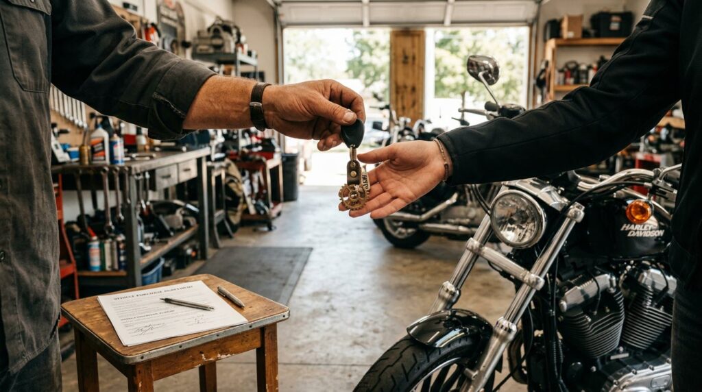 Motorradverkauf, Händler und Kunde beim Motorradkauf