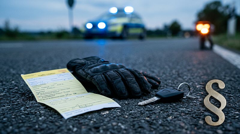 Bußgeldbescheid auf dem Boden einer Straße, daneben ein Handschuh und Motorradschlüssel 