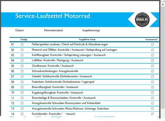 Laufzettel Motorrad