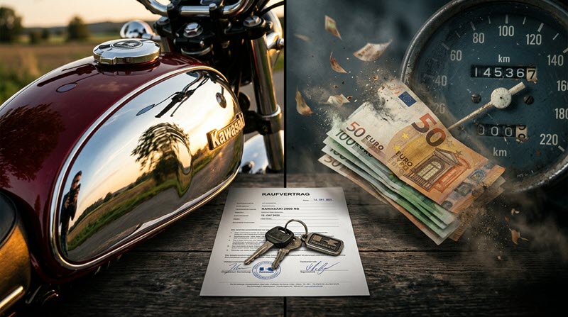 Wertverlust Motorrad, Motorrad plus Kaufvertrag plus Schlüssel plus Geld und ein Tacho mit Kilometerstand als Utensilien bei einem Verkauf