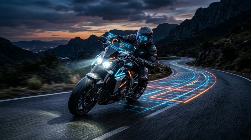 Computergesteuertes Motorrad auf dunkler Landstraße.