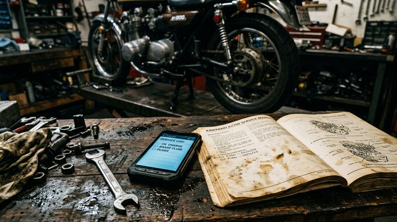 Digitales Serviceheft auf Handy, analoges auf der Werkbank