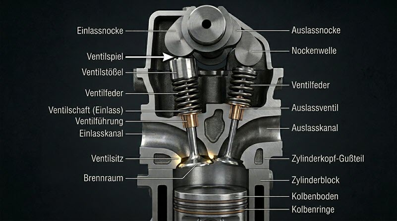 Explosionszeichnung Zylinderkopf mit Ventilen, Nockenwellen und Kolben.