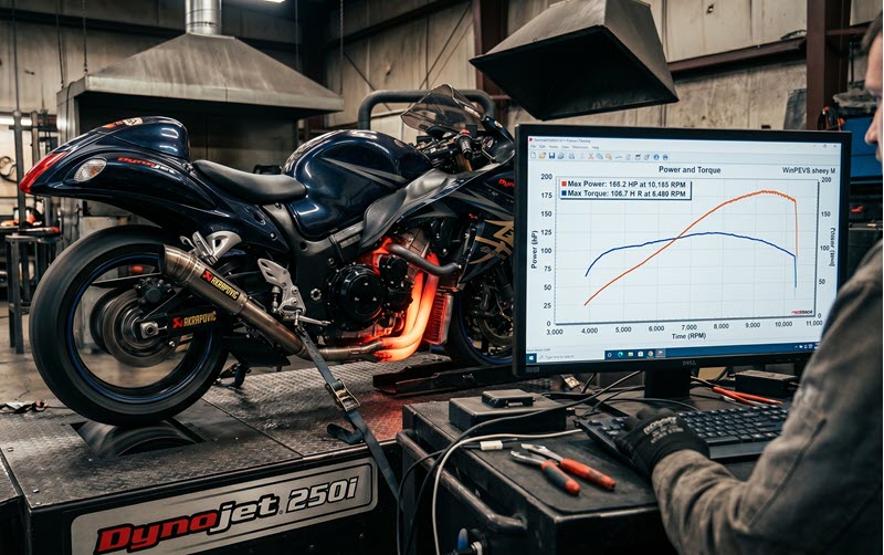Motorrad auf einem Leistungsprüfstand
