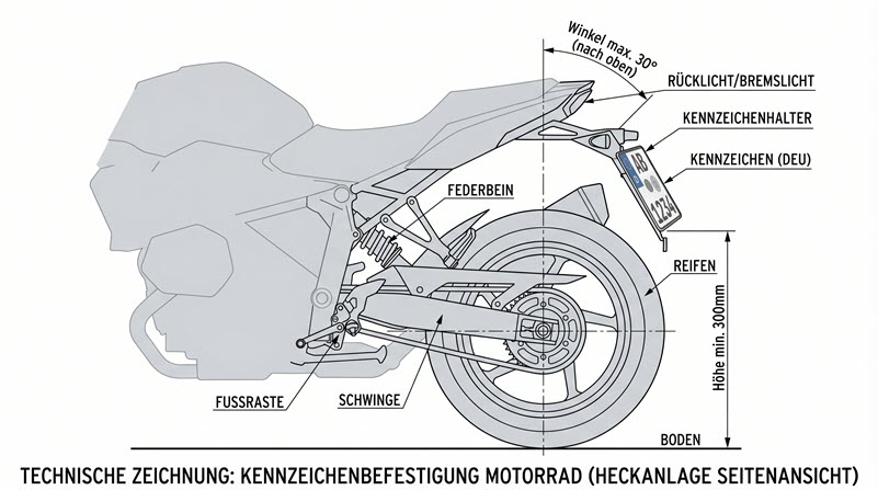 Anbauvorschriften für Motorradkennzeichen am Heck.