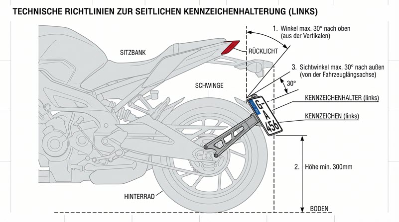 Anbauvorschriften für seitliche Motorradkennzeichen.