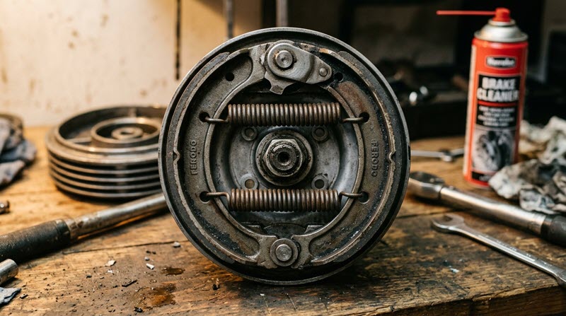 Offene Motorrad-Trommelbremse in der Werkstatt.