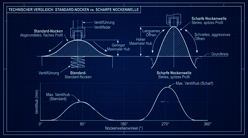 Technisches Diagramm zur Nockenwelle: Standardwelle vs. scharfe Nockenwelle