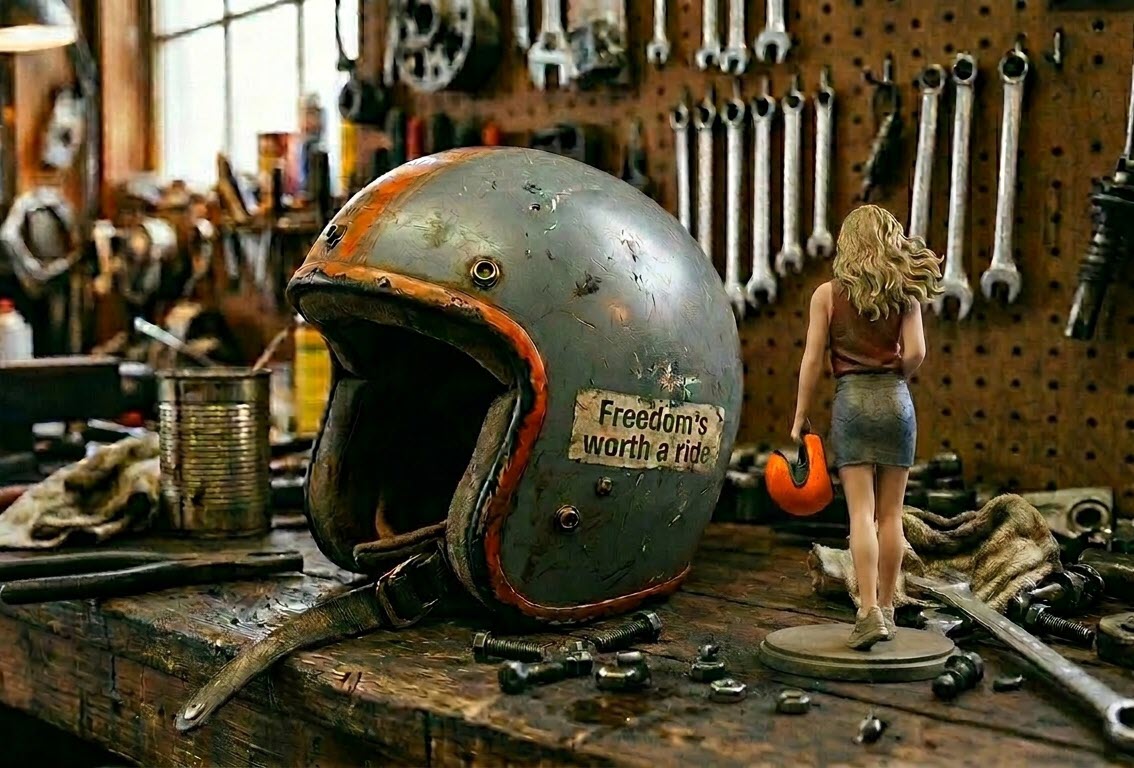 Helm mit Aufschrift "Freedom is worth a ride".