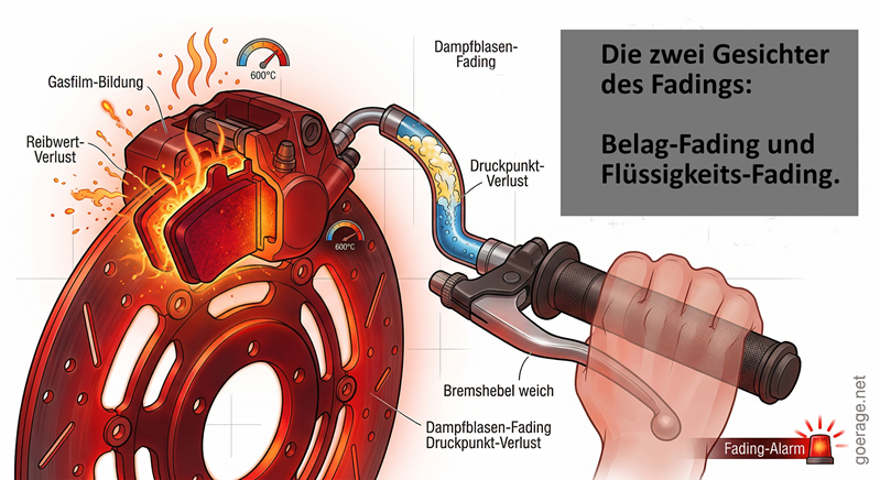 Technisches Diagramm des Bremsfadings am Motorrad: Dampfblasenbildung in der Bremsflüssigkeit und glühende Bremsbeläge