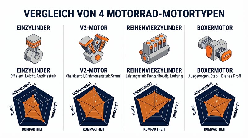 Vergleich von 4 Motorradmotortypen hinsichtlich Laufruhe, Klang, Drehmoment und Bauform.